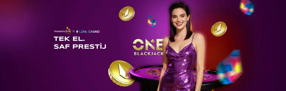 Pragmatic Play Tek El, Saf Prestij afişi: ONE Blackjack masası ve sunucu