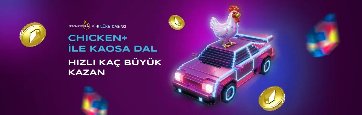 Pragmatic Play Chicken+ afişi: neon araba üstünde tavuk