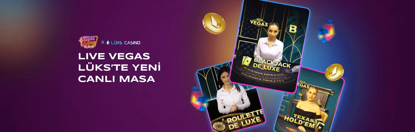 Live Vegas yeni canlı masa afişi: blackjack ve rulet oyun kartları