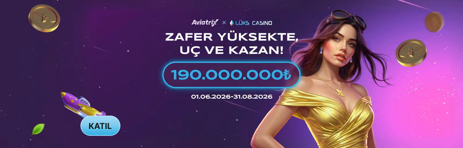 Aviatrix Zafer Yüksekte, Uç ve Kazan afişi: altın elbiseli kadın ve roket