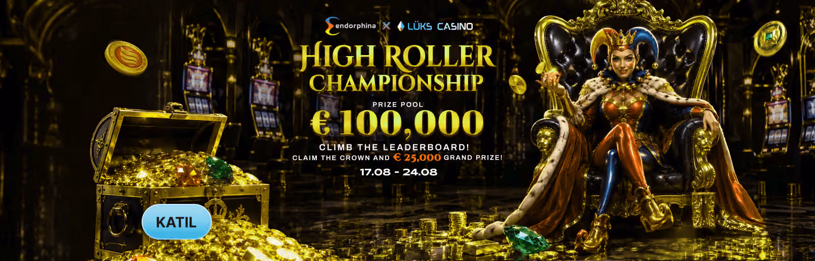 Endorphina High Roller Championship afişi: tahtta oturan kraliçe ve altın sandık