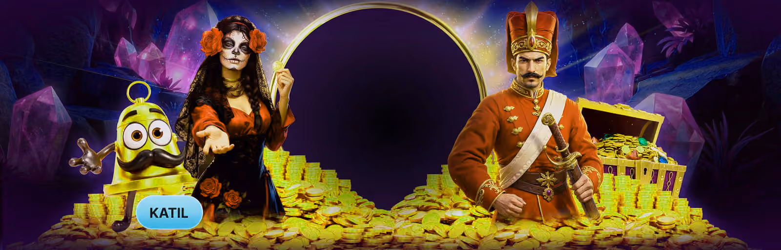 Altın yığınları üzerinde duran slot oyunu karakterleri
