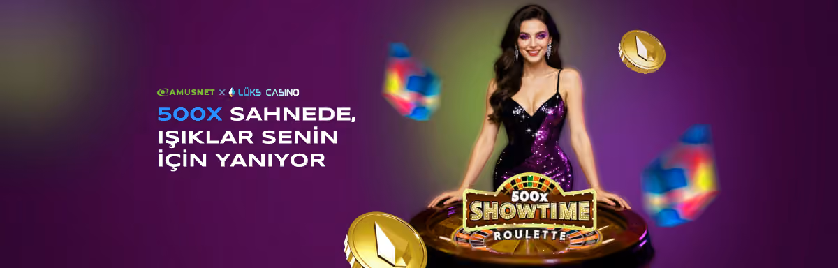 Amusnet 500x Sahnede afişi: Showtime Roulette masası ve sunucu