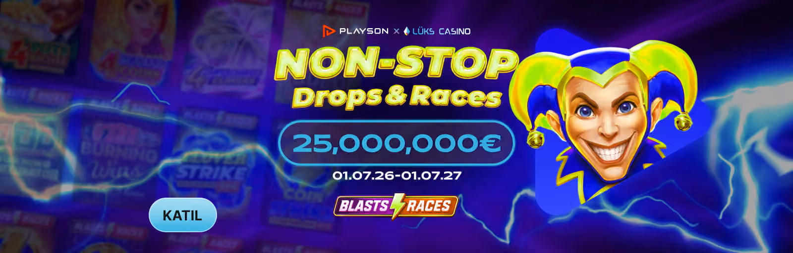 Playson Non-Stop Drops and Races afişi: gülen joker ve slot makineleri